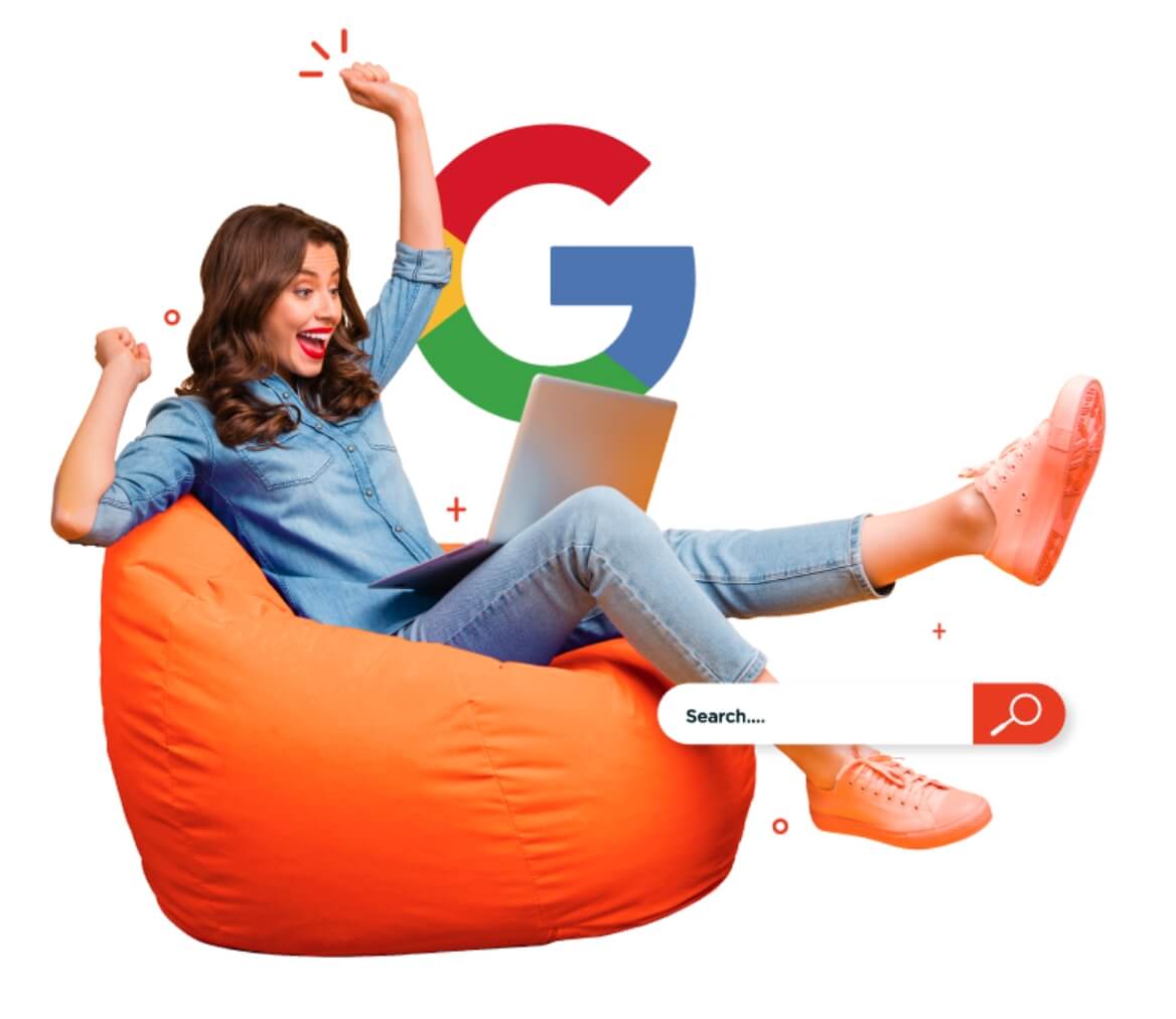 Girl sitting on a bean bag, google logo, seo