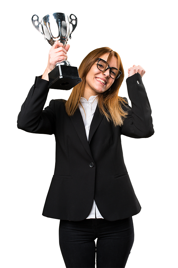 woman with trophy cheering for pay per click