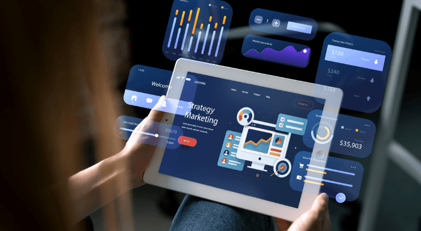 Person reviewing AI strategy marketing software on a tablet.