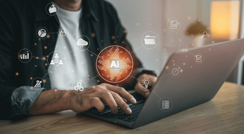 Person accessing AI marketing software through a laptop.