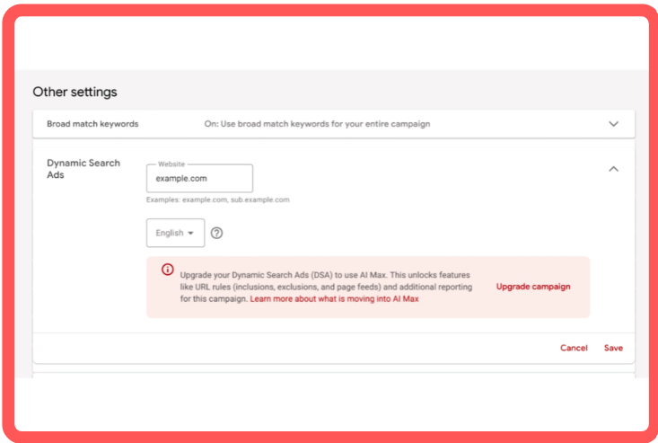 Settings for Dynamic ads search
