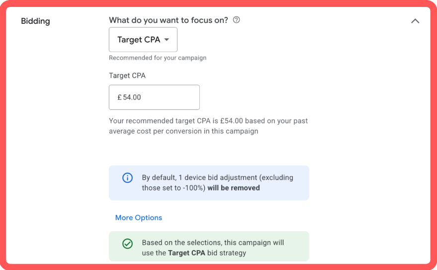 The bidding section of a Google Ads campaign set to focus on Target CPA