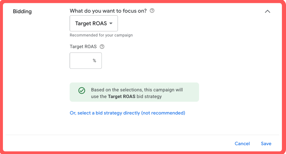 The bidding section of a Google Ads campaign set to focus on Target ROAS