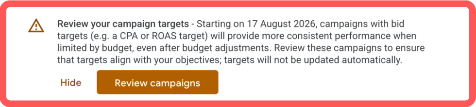 Google Ads notification warning that from 17 August 2026