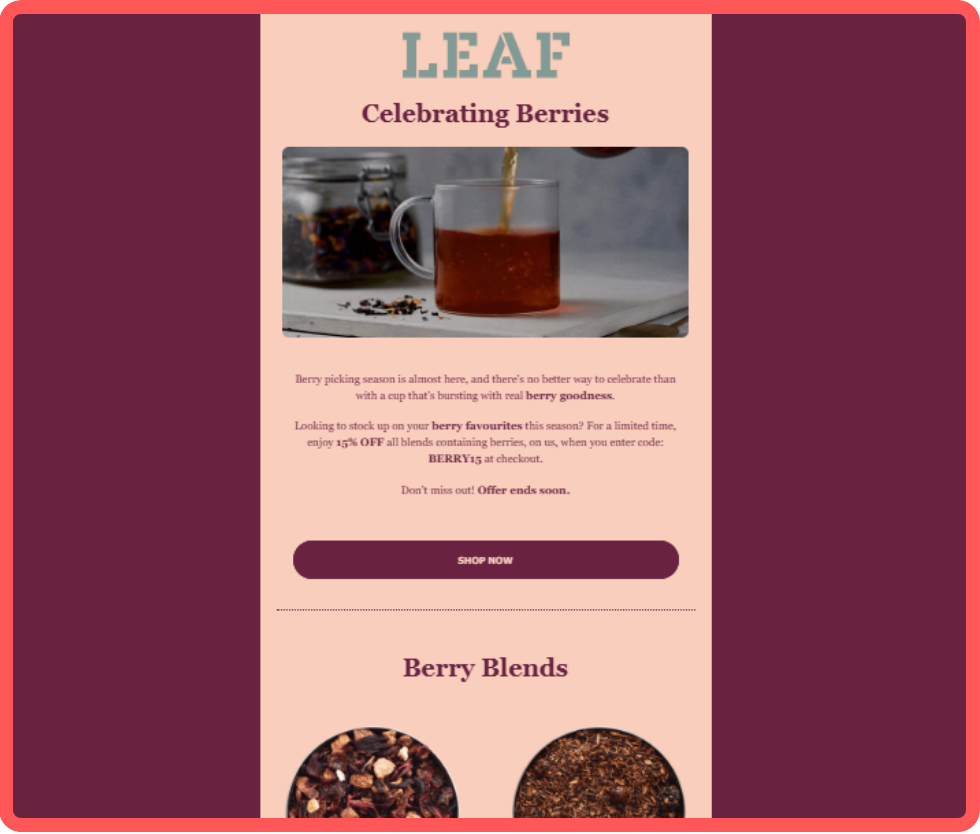 Snippet from our client LEAF Tea Shop's mailer